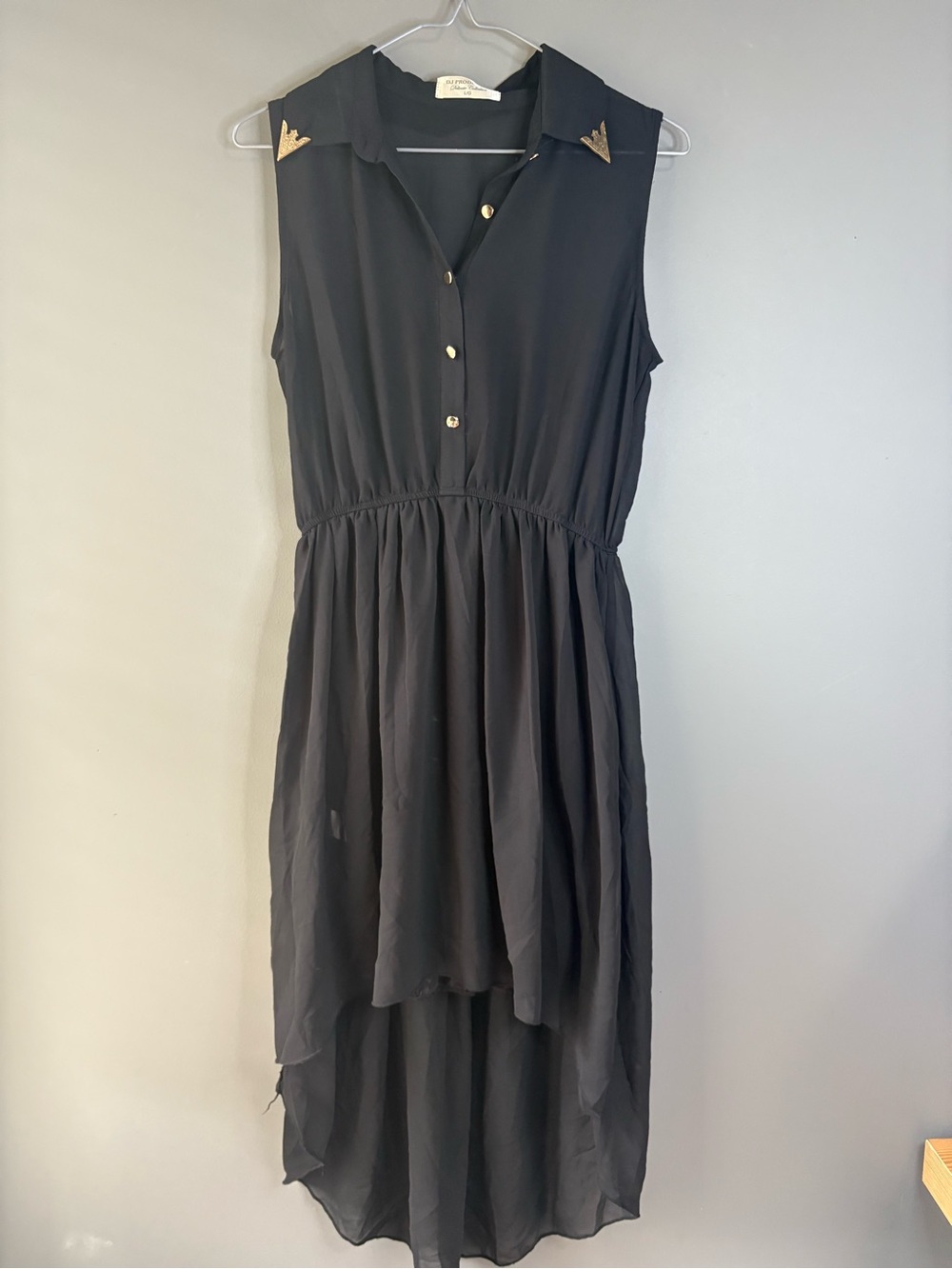 DJ Production Black Hi-Low Sheer Dress Gold Collar Detail Size Large - Picture 2 of 8